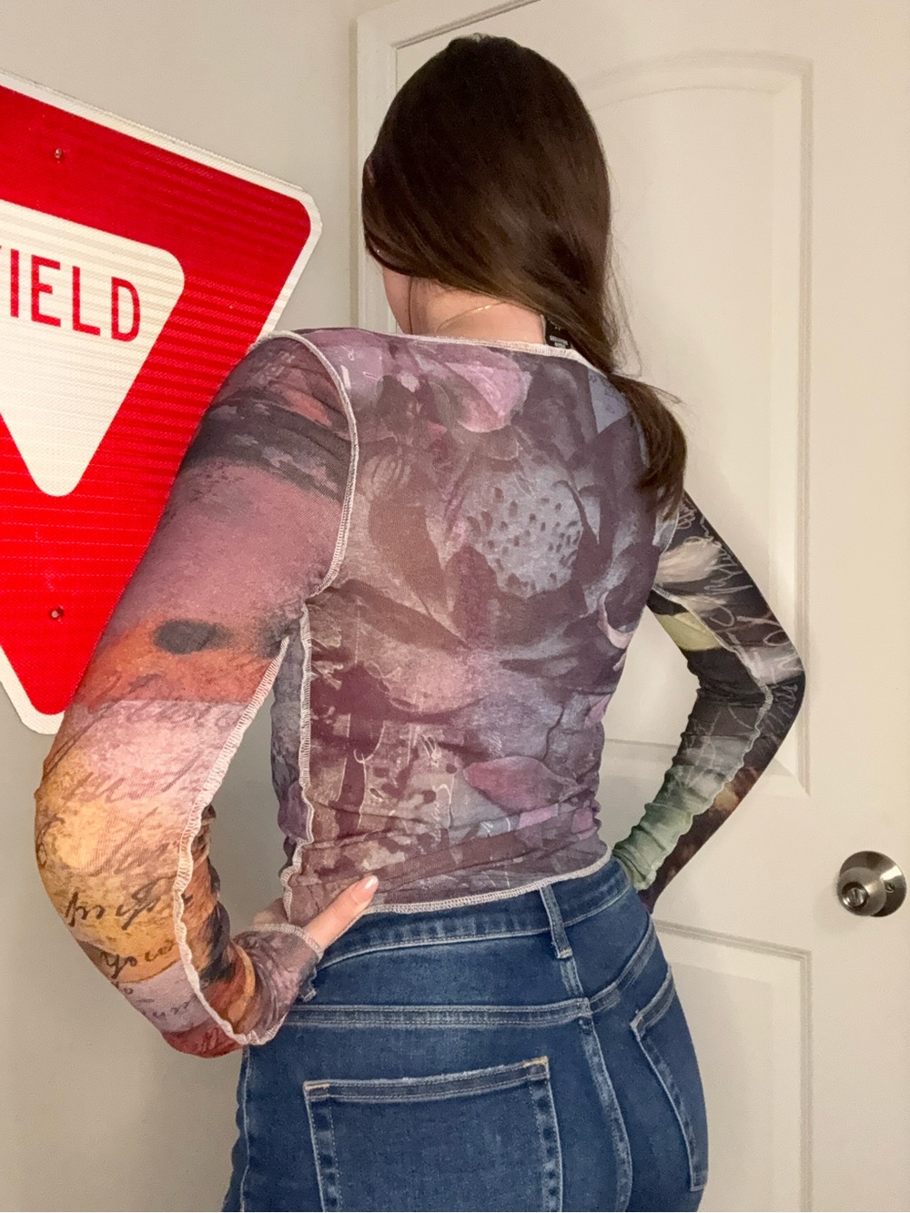 Urban Outfitters Multicolor Printed Sheer Long-Sleeve Mesh Top - Picture 3 of 4